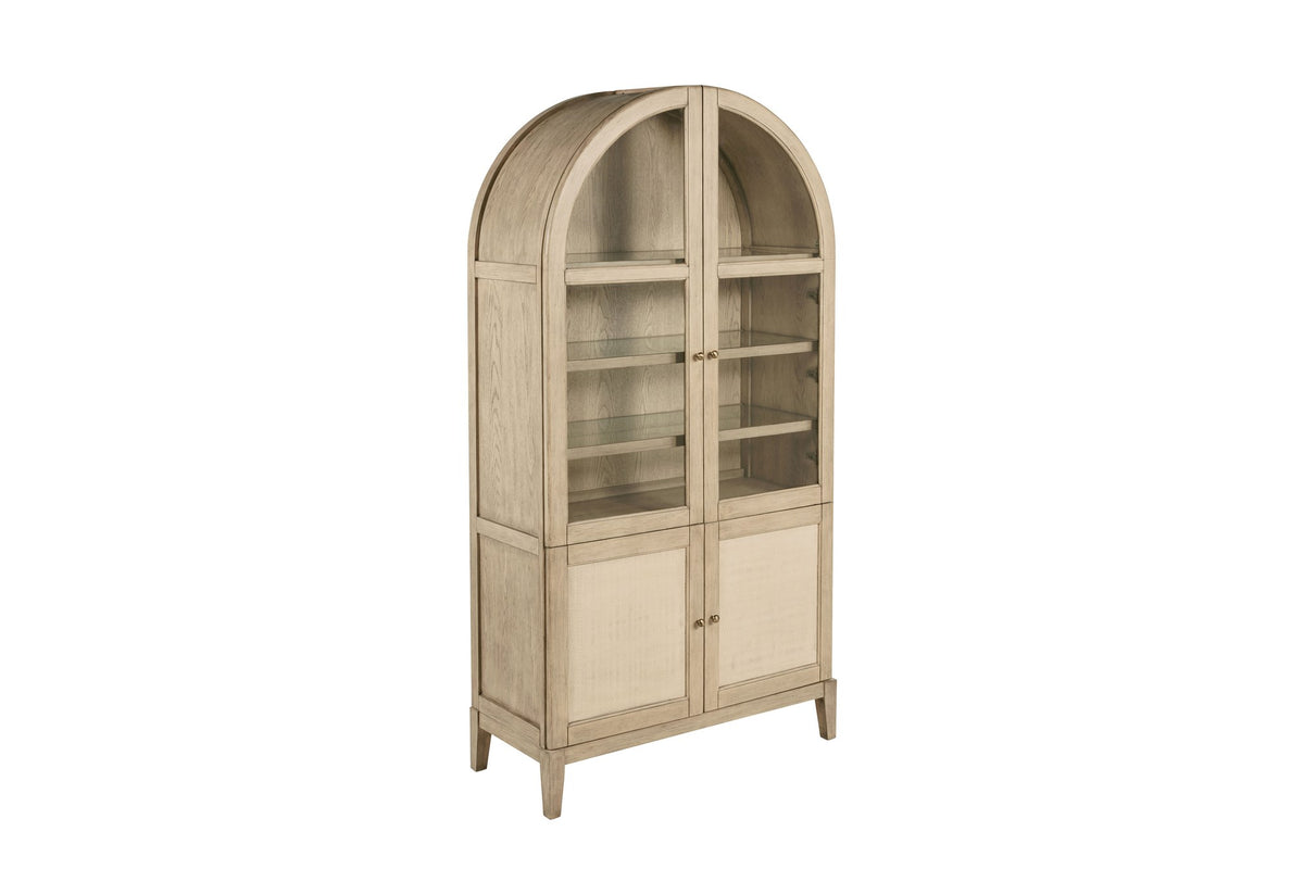 Serrastretta 42-Inch 4-Door Arched Oak Veneer Display Cabinet with Glass and Cane on a white background