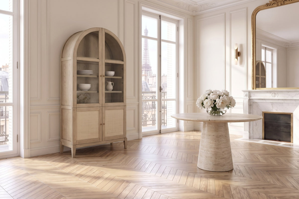 Serrastretta 42-Inch 4-Door Arched Oak Veneer Display Cabinet with Glass and Cane in a Paris salon