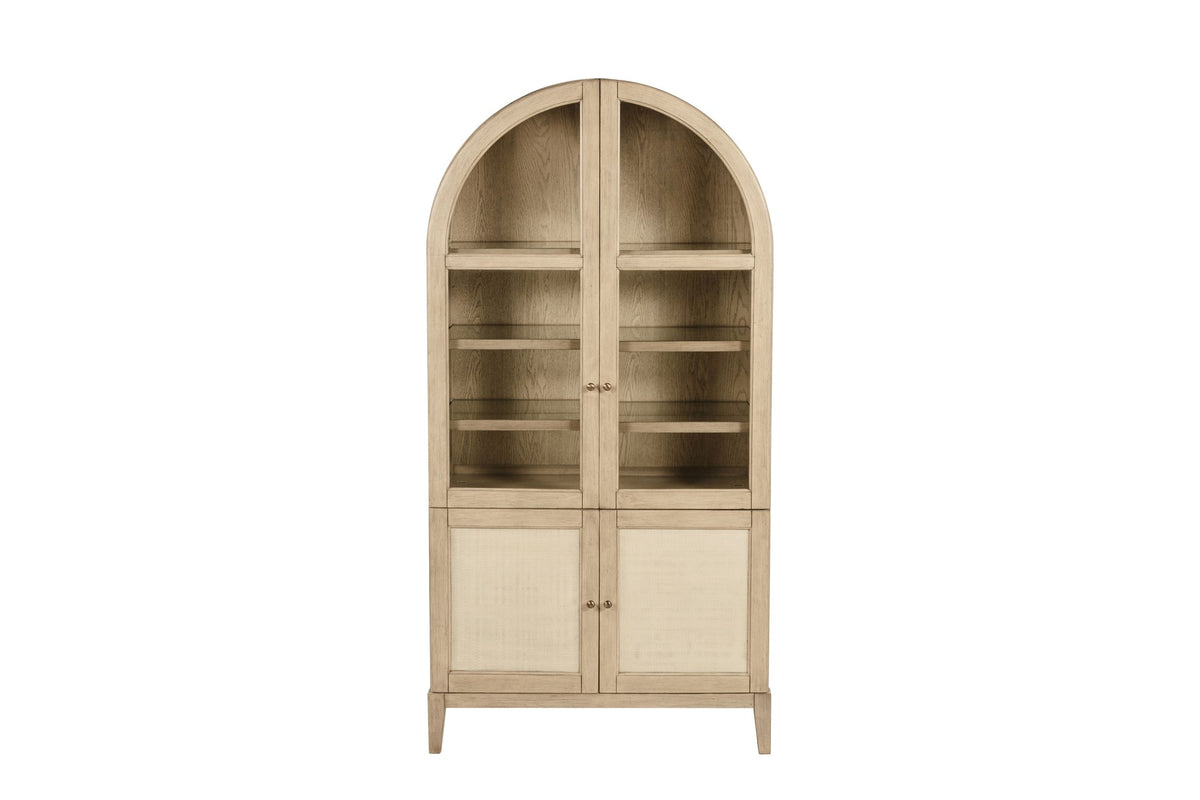 Serrastretta 42-Inch 4-Door Arched Oak Veneer Display Cabinet with Glass and Cane, front view
