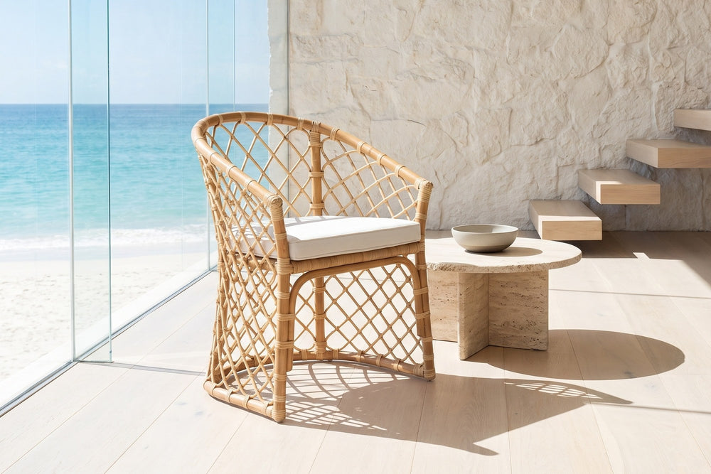 Sersale Natural Rattan Barrel-Back Dining Chair in an oceanfront glass house