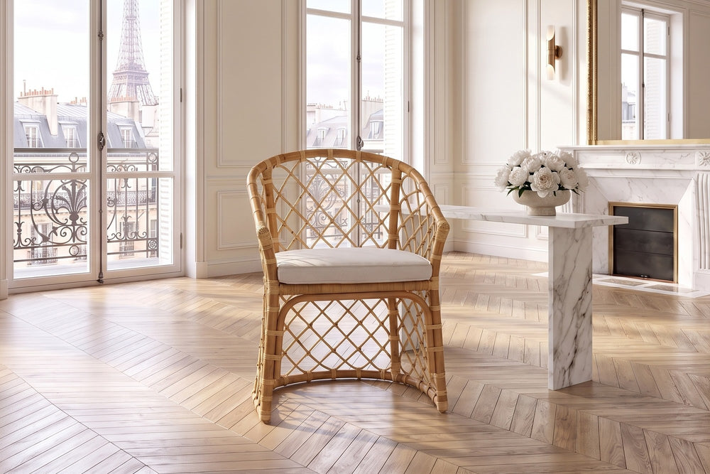 Sersale Natural Rattan Barrel-Back Dining Chair in a Paris salon