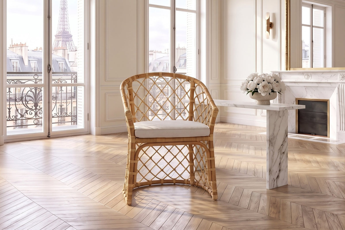 Sersale Natural Rattan Barrel-Back Dining Chair in a Paris salon