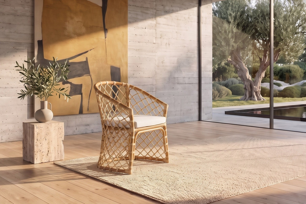 Sersale Natural Rattan Barrel-Back Dining Chair in a sunlit villa dining room