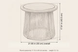 Siculiana side table dimensions: 21.65 in overall diameter, 17.91 in high, round acacia top 17.72 in across