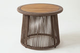 The Siculiana side table seen from the front: the round slatted top in its rope rim and the conical dark beige rope body