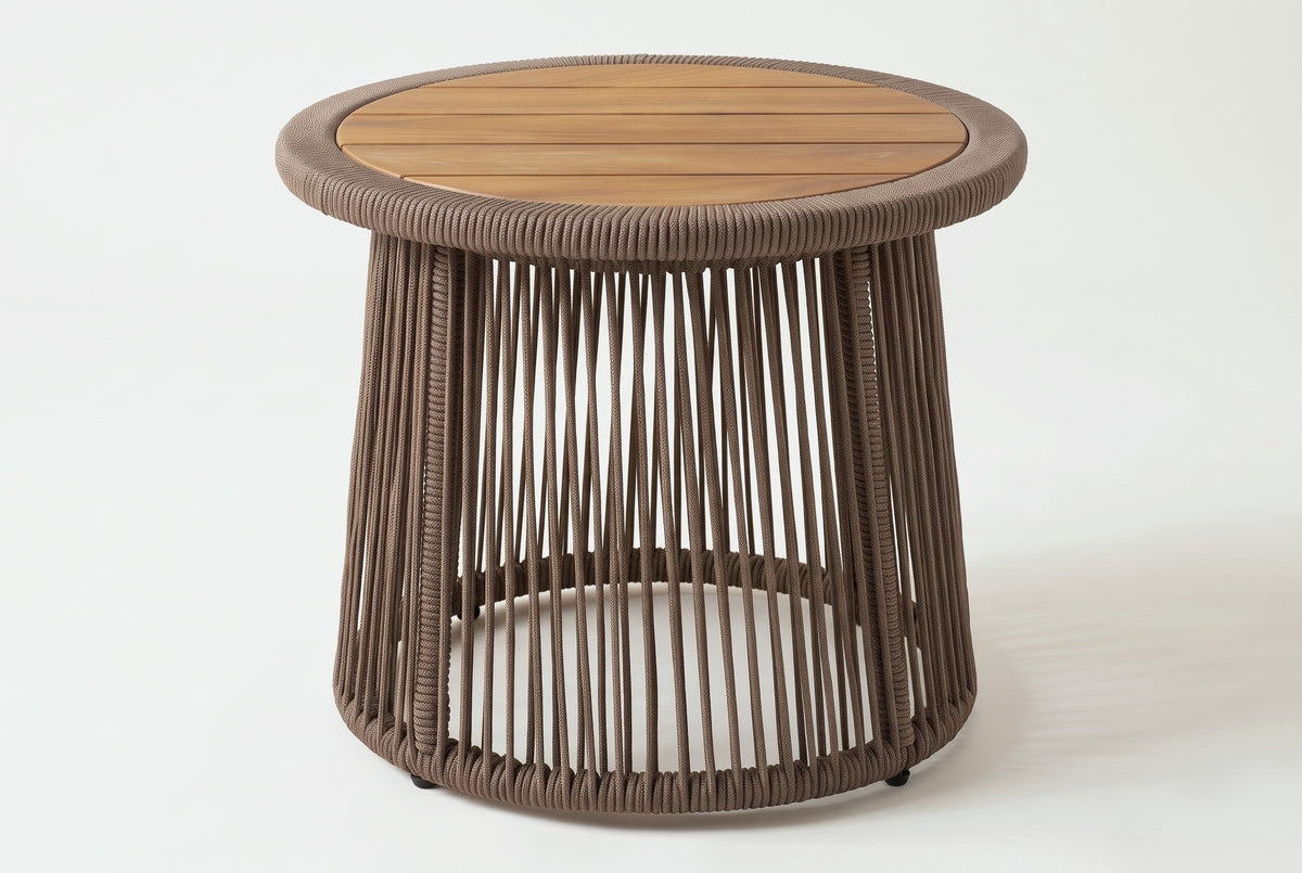 The Siculiana side table seen from the front: the round slatted top in its rope rim and the conical dark beige rope body