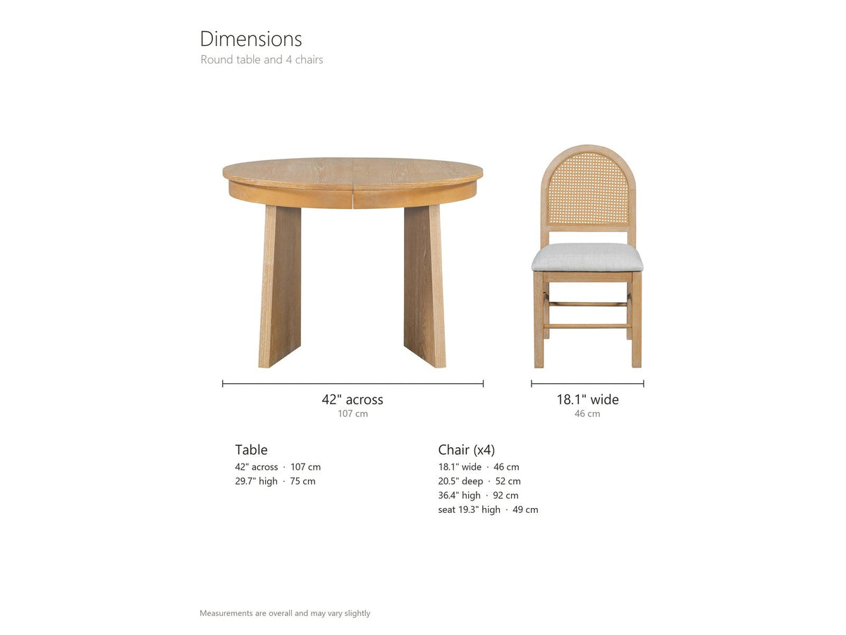 Siderno 42-Inch Extending Round Dining Set with 4 Chairs dimensions: table 42 in across and 29.7 in high, 58 in long with the 16 in leaf; each chair 18.1 in wide, 20.5 in deep and 36.4 in high, seat 19.3 in high