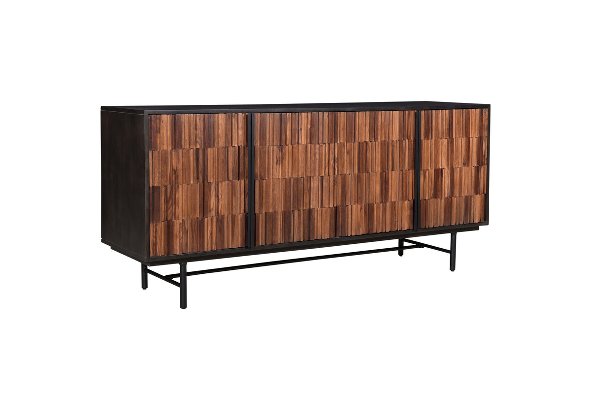 Simeri 68.5-Inch 4-Door Solid Sheesham and Mango Wood Sideboard with Iron Base on a white background