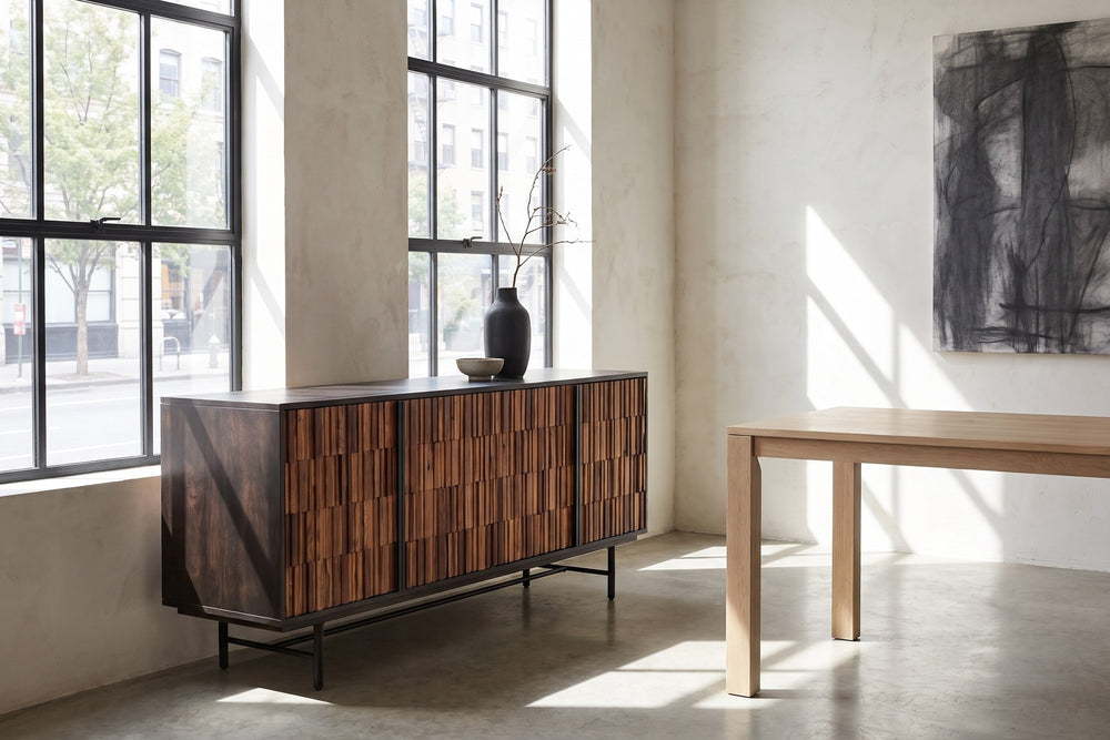 Simeri 68.5-Inch 4-Door Solid Sheesham and Mango Wood Sideboard with Iron Base in a city loft