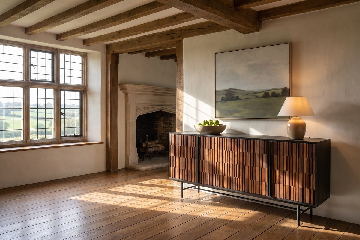 Simeri 68.5-Inch 4-Door Solid Sheesham and Mango Wood Sideboard with Iron Base in an English country dining room