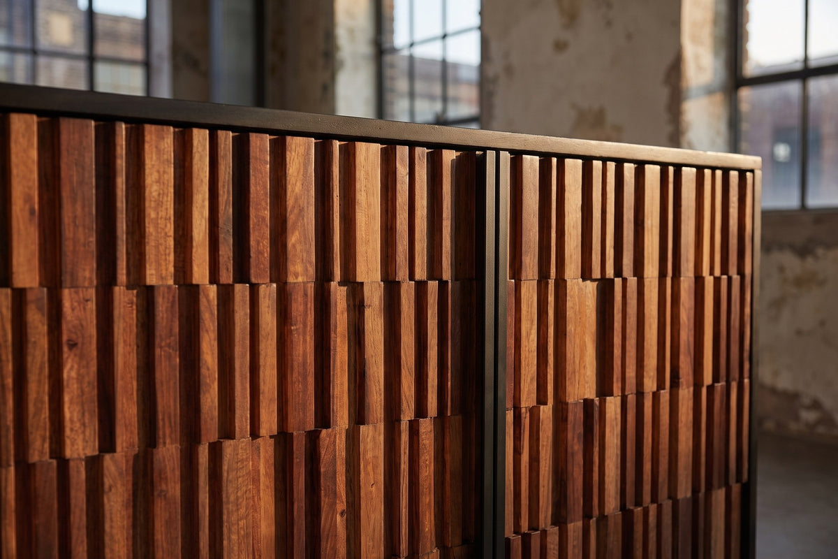 Close-up of the Simeri 68.5-Inch 4-Door Solid Sheesham and Mango Wood Sideboard with Iron Base: blocks