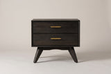The Siniscola nightstand in dark wire-brushed acacia, front view on a light studio backdrop