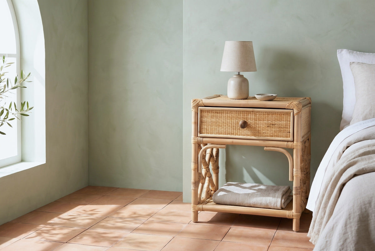 Sinnai rattan nightstand with a ceramic lamp and a folded throw on its shelf beside a bed in an Ojai bedroom with a sage plaster wall and terracotta tiles
