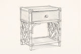 Pencil sketch of the Sinnai nightstand, drawn from the same three-quarter view