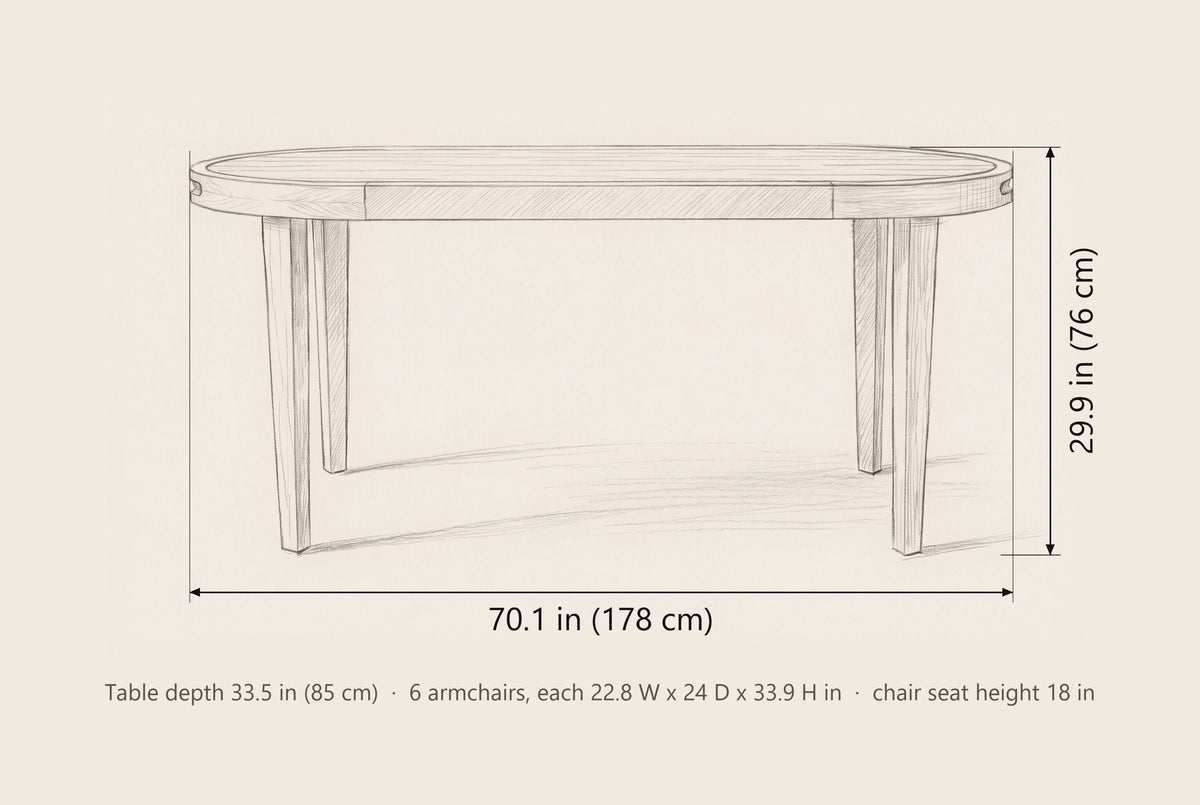 Siracusa oval dining table dimensions: 70.1 in long, 29.9 in high, 33.5 in deep