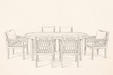 Pencil sketch of the Siracusa dining set: an oval table and six rope armchairs