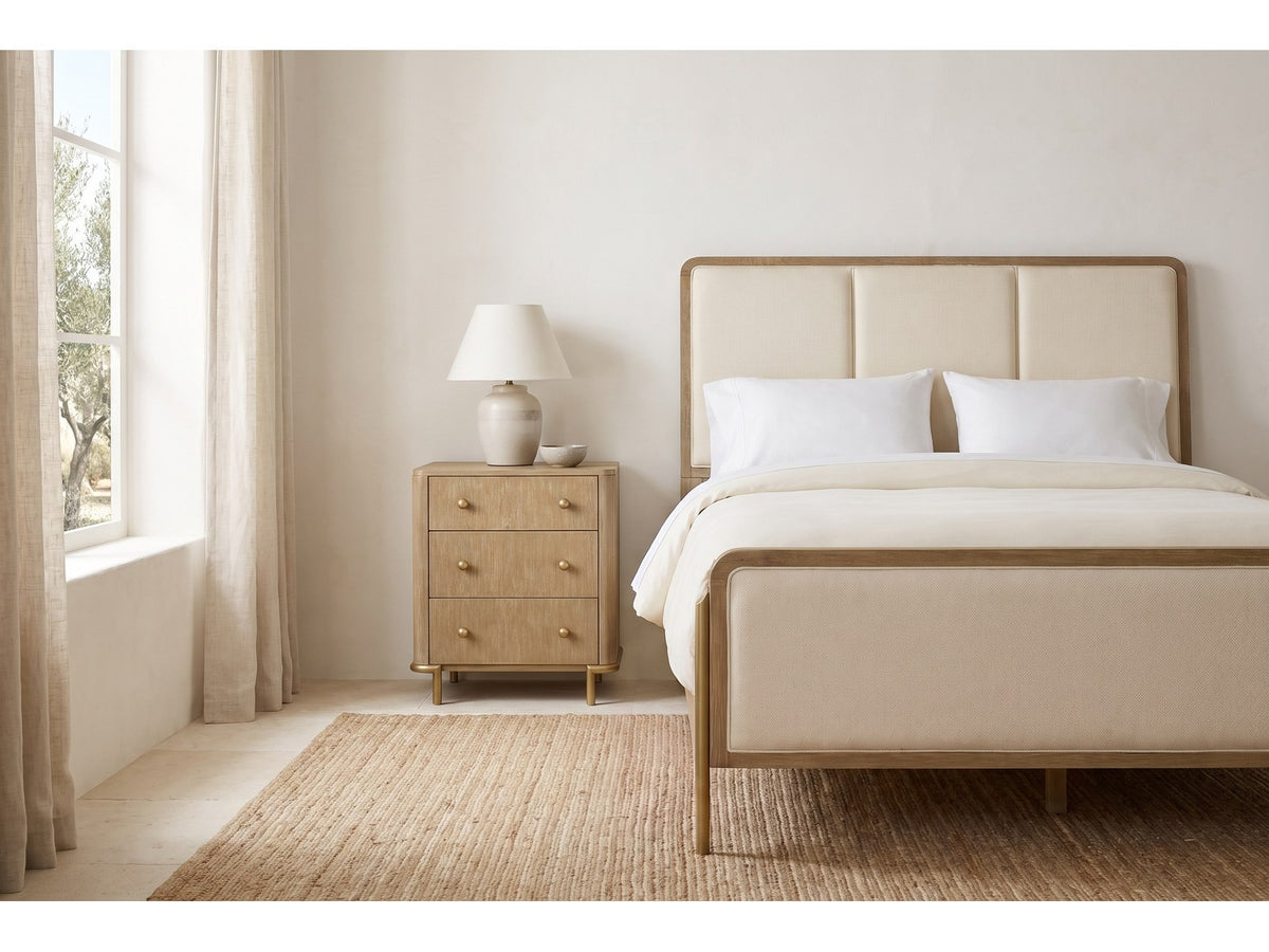 Sirolo Sand Wash and Cream Upholstered Bedroom Set: nightstand beside the bed