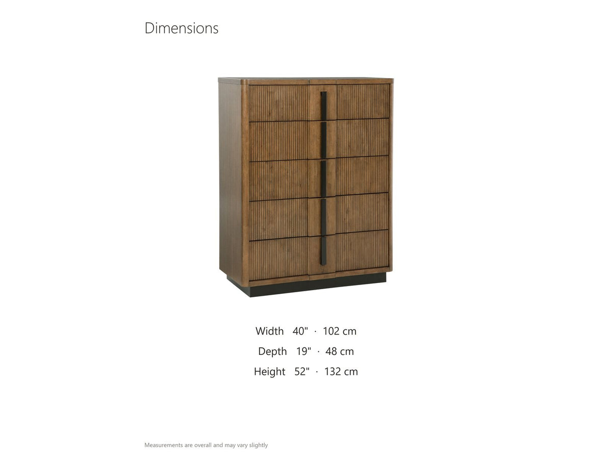 Soave 40-Inch Ash Brown Reeded 5-Drawer Chest dimensions: 40.0 in wide, 19.0 in deep, 52.0 in high