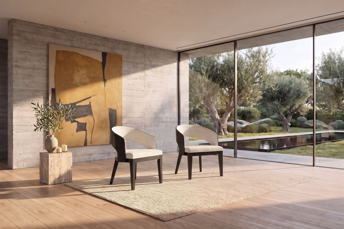 Soriano Open-Back Upholstered Wood Dining Arm Chair (Set of 2) in a sunlit villa dining room