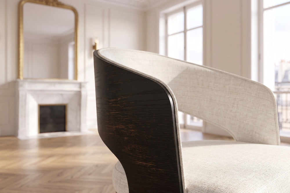 Close-up of the Soriano Open-Back Upholstered Wood Dining Arm Chair (Set of 2): shell