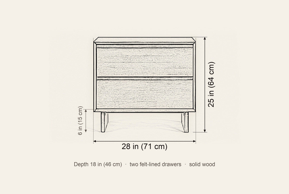 Sorso nightstand dimensions: 28 in wide, 25 in high, 18 in deep