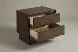 The Sorso nightstand with both drawers pulled open, showing pale drawer boxes lined with felt and metal slides