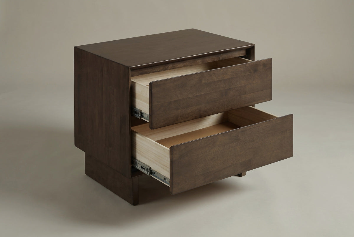 The Sorso nightstand with both drawers pulled open, showing pale drawer boxes lined with felt and metal slides