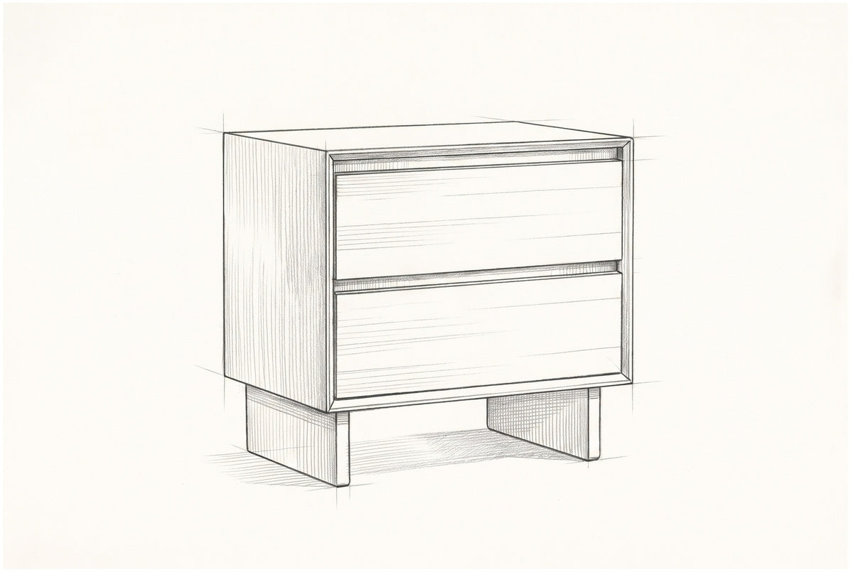 Pencil sketch of the Sorso nightstand, drawn from the same three-quarter view