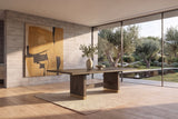 Soverato 75.5-95.5-Inch Extendable Rectangular Sunburst Oak Veneer Dining Table in a sunlit villa dining room