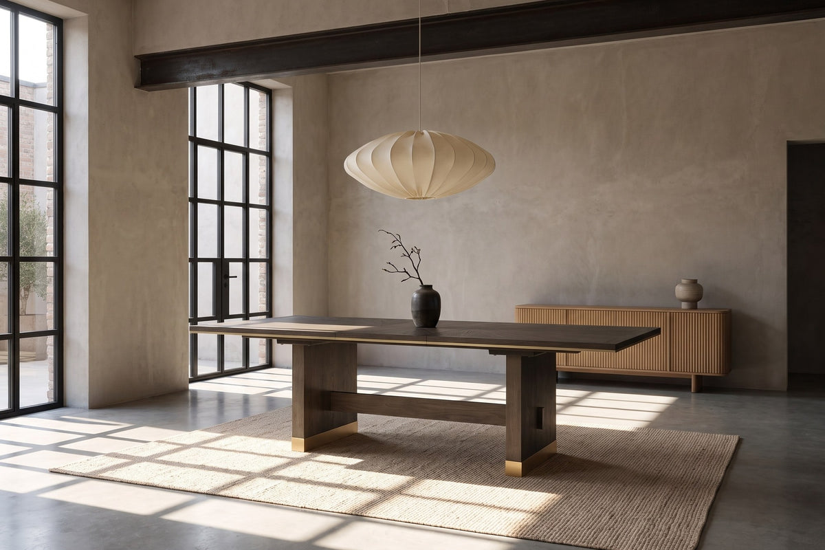 Soverato 75.5-95.5-Inch Extendable Rectangular Sunburst Oak Veneer Dining Table in a city loft