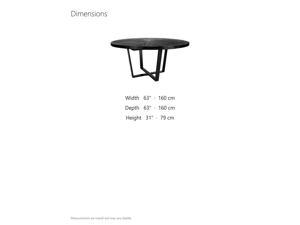 Soveria 63-Inch Round Black Acacia Sunburst Dining Table dimensions: 63 in across and 31 in high