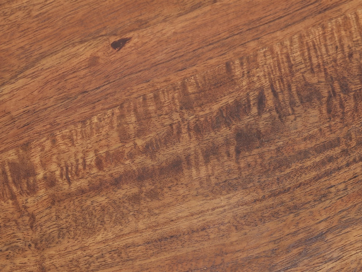 Close-up of the Specchia Brown Mango Cone Pedestal Side Table: the mango grain of the round top