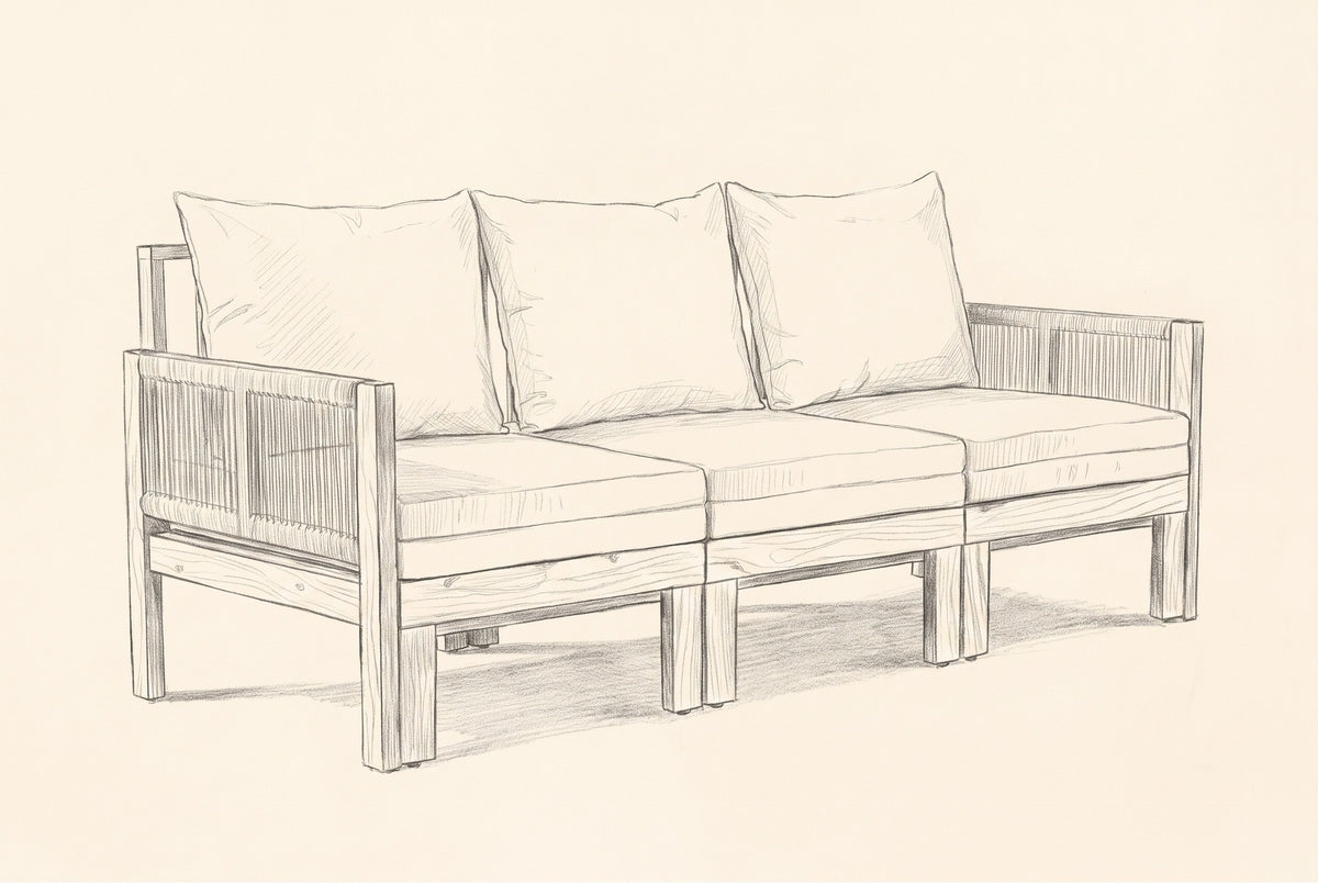 Pencil sketch of the Sperlinga sofa, three-quarter view
