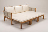 The Sperlinga in daybed mode: all three extensions pulled out, six ivory-beige pads in a 3 by 2 grid, three back cushions and rope arms