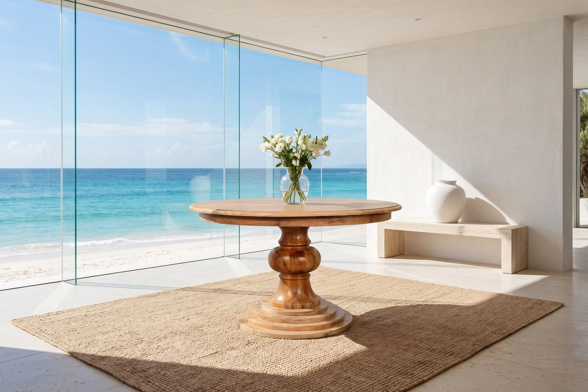 Spezzano 43-Inch Round Solid Mango Pedestal Dining Table in an oceanfront glass house