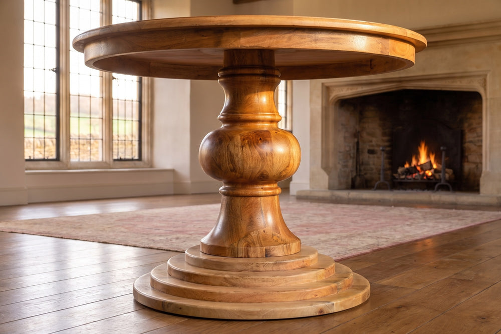 Close-up of the Spezzano 43-Inch Round Solid Mango Pedestal Dining Table: pedestal