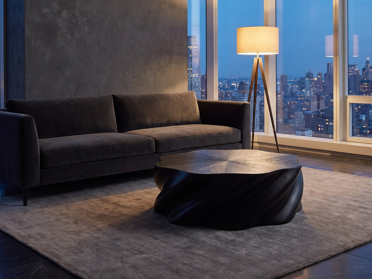 Spilimbergo Black Fiberglass Twisted Petal Coffee Table on a wool rug in front of a velvet sofa in a city penthouse at blue hour