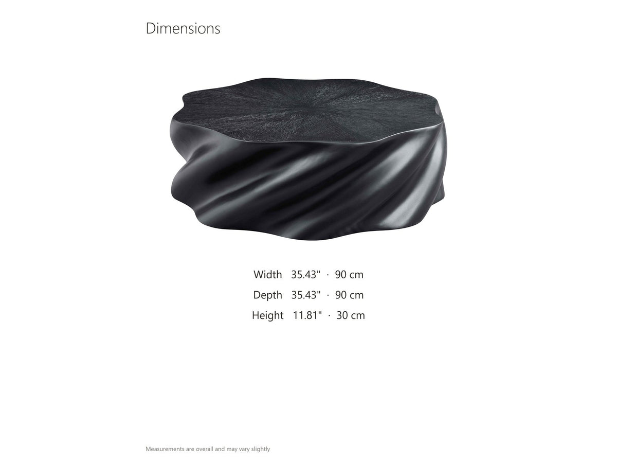 Spilimbergo Black Fiberglass Twisted Petal Coffee Table dimensions: 35.43 in wide, 35.43 in deep, 11.81 in high
