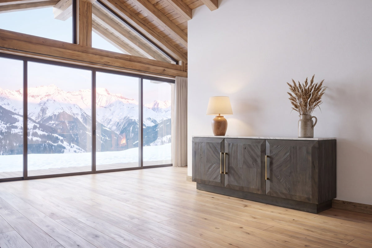 Spilinga 72-Inch 3-Door Marble-Top Sideboard, Tobacco Grey Mango Parquetry in an alpine chalet