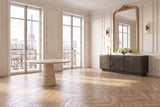 Spilinga 72-Inch 3-Door Marble-Top Sideboard, Tobacco Grey Mango Parquetry in a Paris salon