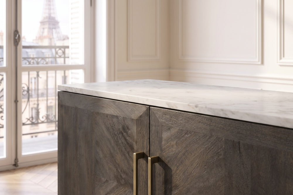 Close-up of the Spilinga 72-Inch 3-Door Marble-Top Sideboard, Tobacco Grey Mango Parquetry: marble