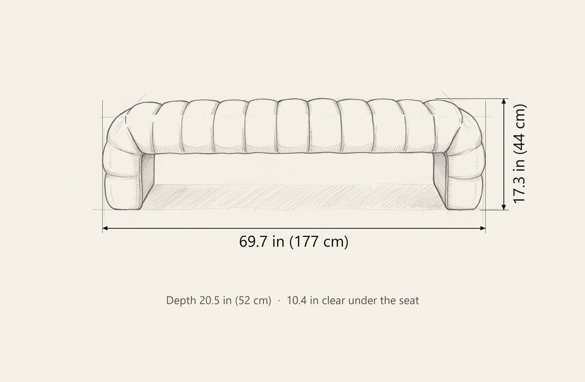 Spoleto bench dimensions: 69.7 in long, 17.3 in high, 20.5 in deep