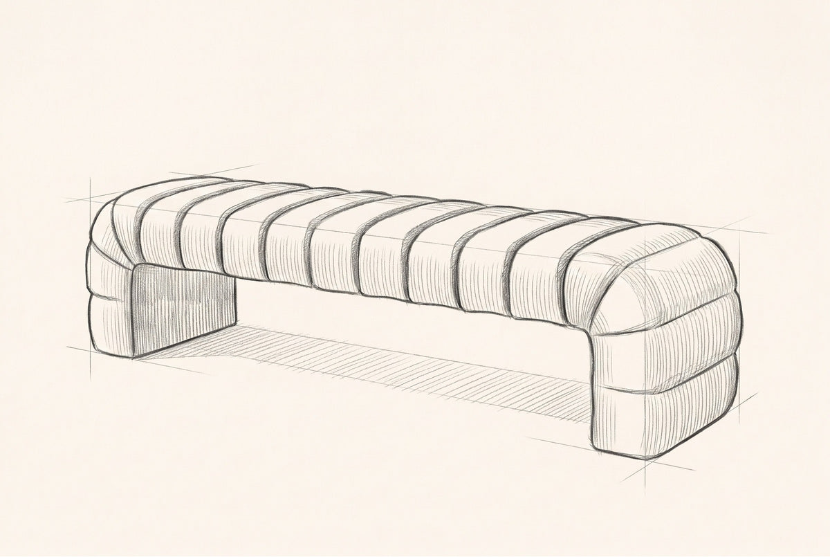 Pencil sketch of the Spoleto bench, drawn from the same three-quarter view