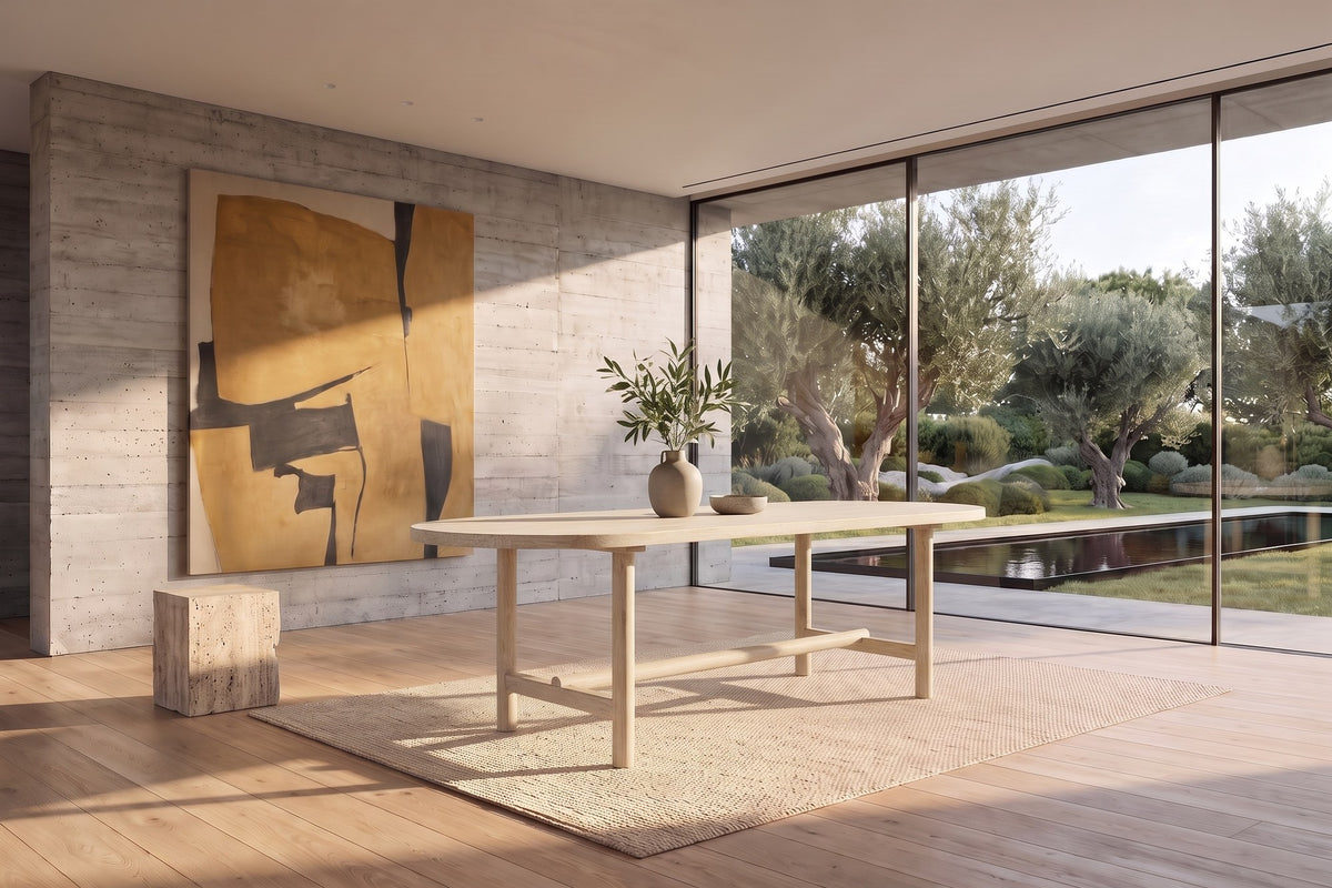 Squillace 85-Inch Oval Reclaimed Pine Dining Table in a sunlit villa dining room