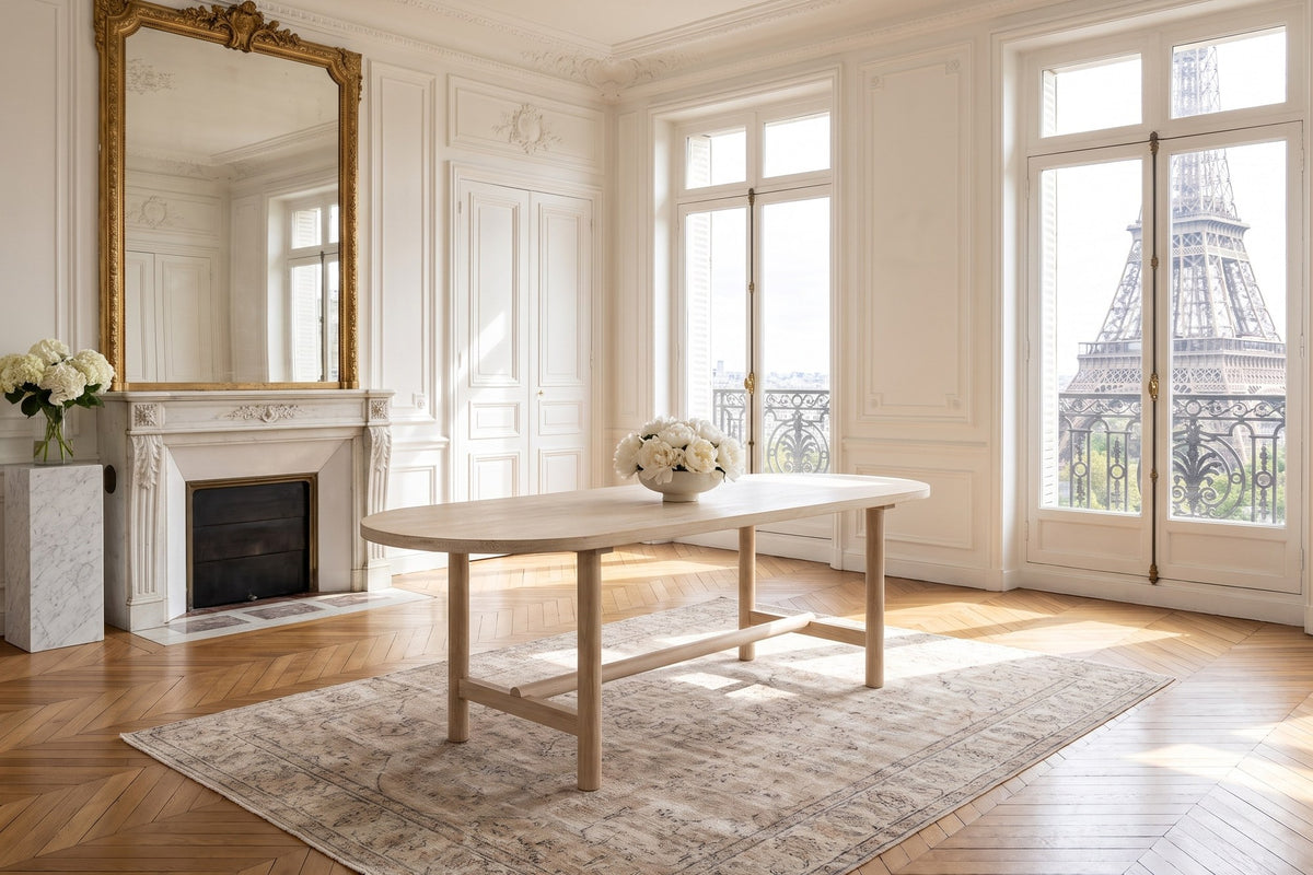 Squillace 85-Inch Oval Reclaimed Pine Dining Table in a Paris salon