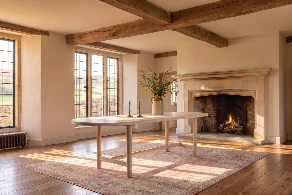 Squillace 85-Inch Oval Reclaimed Pine Dining Table in an English country dining room