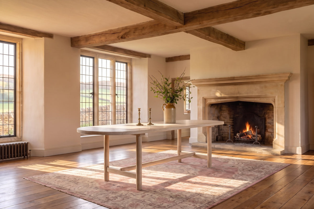 Squillace 85-Inch Oval Reclaimed Pine Dining Table in an English country dining room