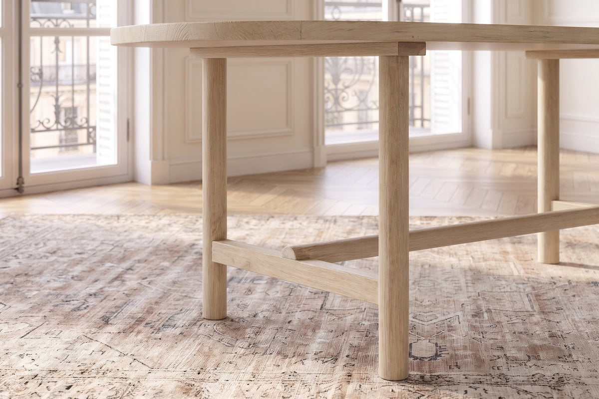 Close-up of the Squillace 85-Inch Oval Reclaimed Pine Dining Table: base