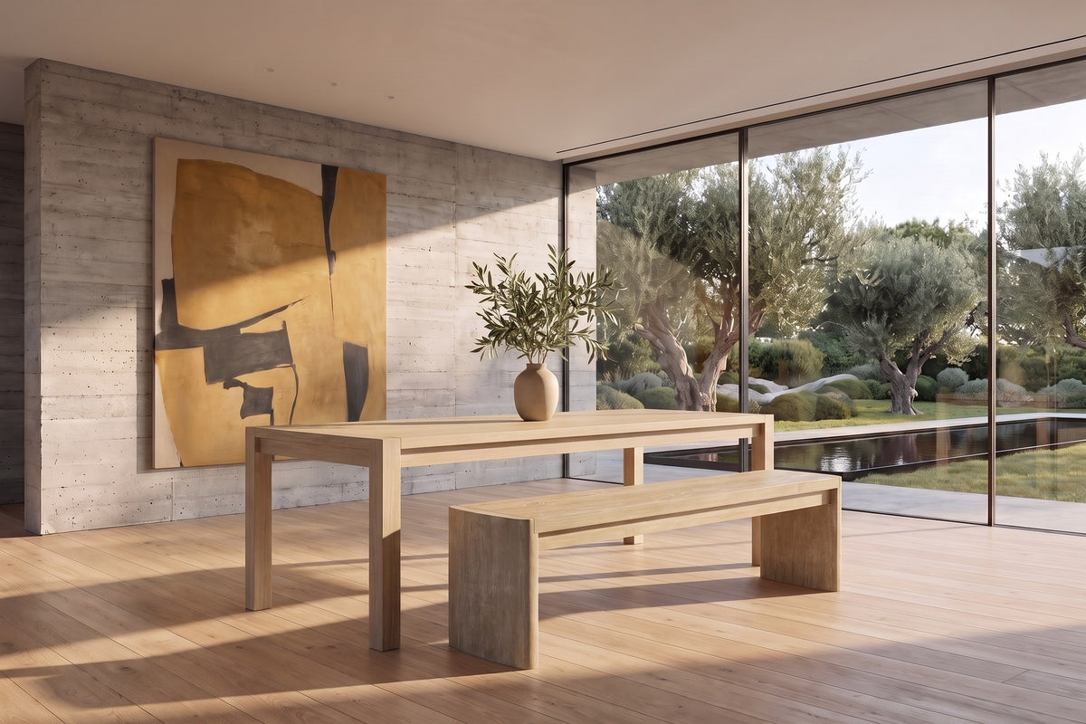 Staiti 50.5-Inch Cerused Oak Veneer Panel-Leg Dining Bench, Seats 2 in a sunlit villa dining room