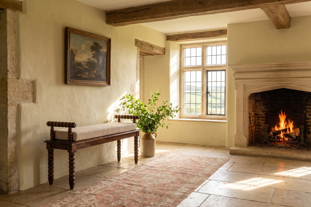 Stefanaconi 39.4-Inch Bobbin-Turned Solid Mango Wood Bench with Cushion in an English country dining room